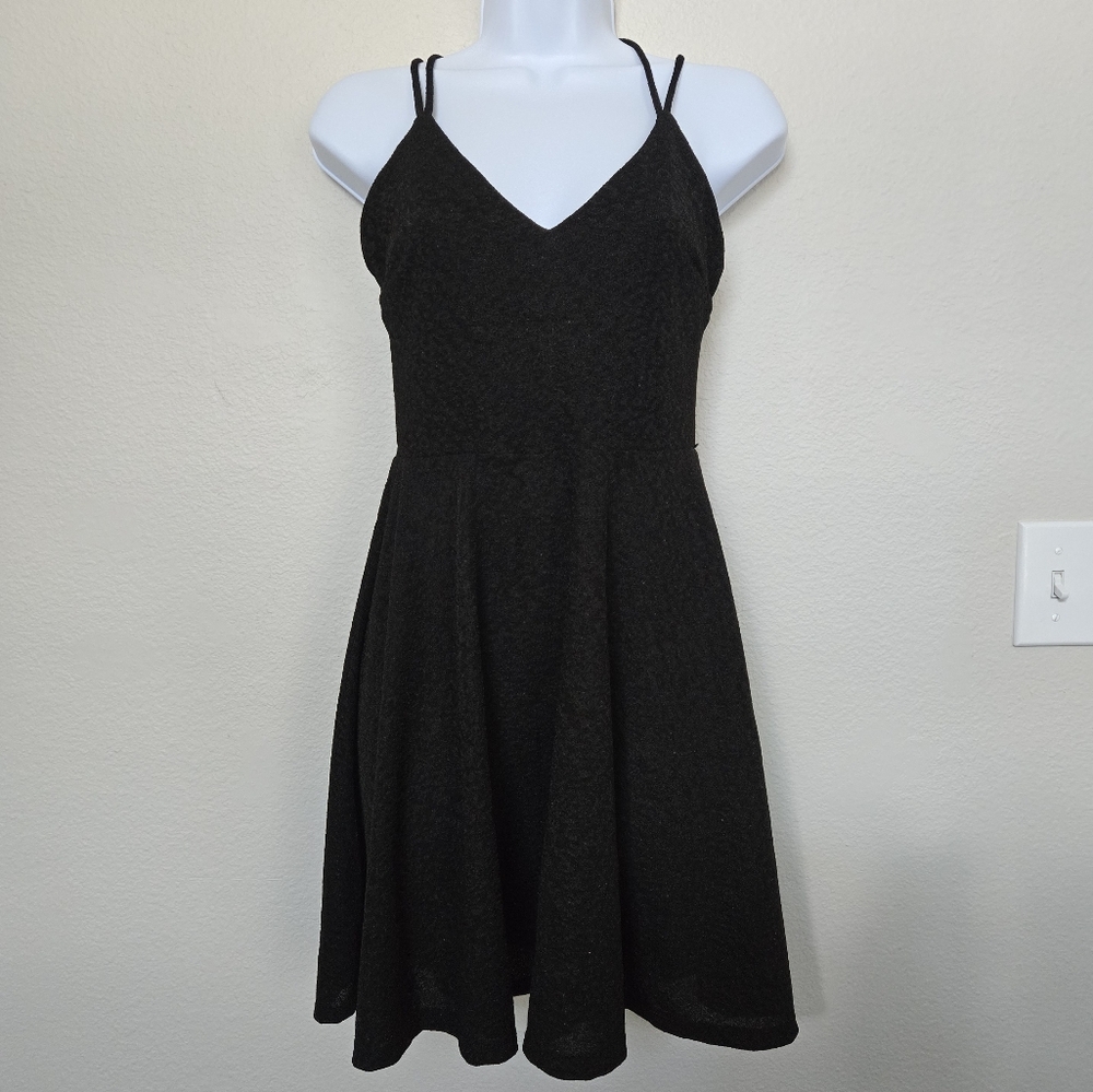 Vintage Y2K ELH Studio V Neck Sleeveless Fit And Flare Black Mini Dress Size M